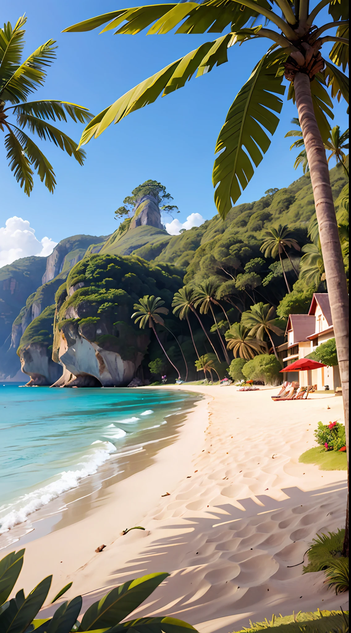 "Sandy beach with crystal-clear turquoise water, gentle waves lapping against the shore, golden sunlight casting a warm glow, palm trees swaying in a gentle breeze, colorful beach umbrellas providing shade. Ground level.