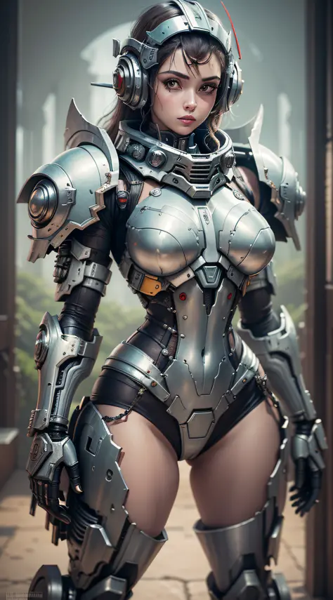 linda mulher, corpo inteiro, vestindo armadura estilo master chef, doom, warhammer 40.000 lindo e decotado, corpo escultural, us...