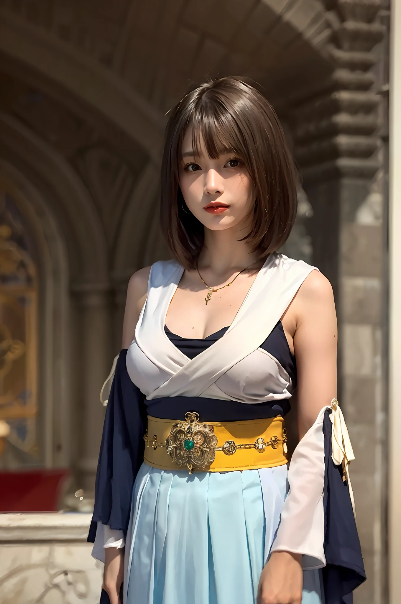 1girl, solo, jewelry, detached sleeves, necklace, blue-beaded earring, hakama skirt
YunaFFX,
ultra high res, photo, photorealistic, highly detailed, detailed face, solo cute woman, castle balcony,
medium  breasts, (masterpiece, high quality),looking at viewer, gorgeous goddess, bob cut, shiny skin,
charming, alluring, dreamlike, royal cloak, ((thick bangs)),