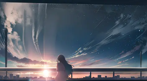 Anime girl watching sunset from window, Cosmos Sky. By Makoto Shinkai, inspired by Alena Aenami, Makoto Shinkai Cyril Rolando, w...