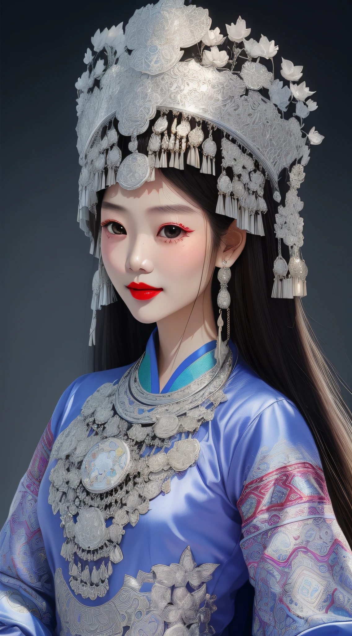 (illustration:1.3) Beautiful Hmong girl with Hmong costume (by Artist Anna Dittman:1), (((Masterpiece))), (((Best quality))), ((Ultra-detailed)),(Detailed light),((An extremely delicate and beautiful)),mix4,Urzang-6500-v1 Edition.1, pureerosface_v1, 1girll, beautiful vintage color, instagramart（Reality，A high resolution：1.4），（（puffy eye）），（8k，RAW photos，best qualtiy，tmasterpiece：1.2），（realisticlying, realisticlying:1.37),realisticlying,(tmasterpiece:1.4),(Best picture quality:1.4),(shiny skins),,Makeup,Redlip,ssmile(being thin,Keep one's mouth shut,is shy,:1.3), Hmong,garments、head gear、耳Nipple Ring