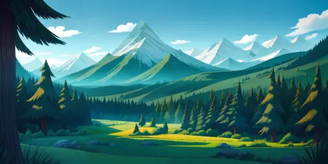 Natural landscape painting style, emerald green woods, blue sky, mountains in the distance,