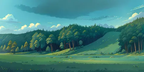 (beautiful landscape painting quality, natural landscape painting style), emerald green woods, gentle clouds, blue sky, pictures...