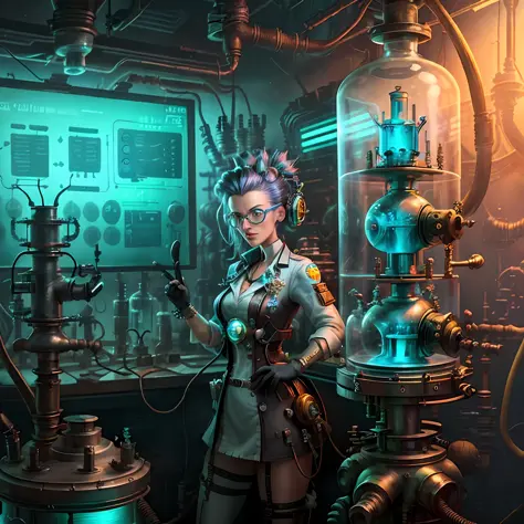 retro  valvepunk , scientist in laboratory , cluttered environment,  glass valves