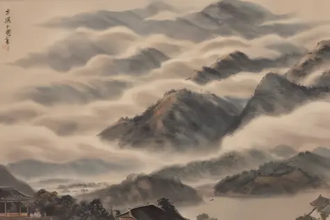 ancient chinese painting, ancient chinese background, mountains, river, auspicious clouds, pavilions, sunlight, masterpiece, super detail, epic composition, ultra hd, high quality, extremely detailed, official art, unified 8k wallpaper, super detail