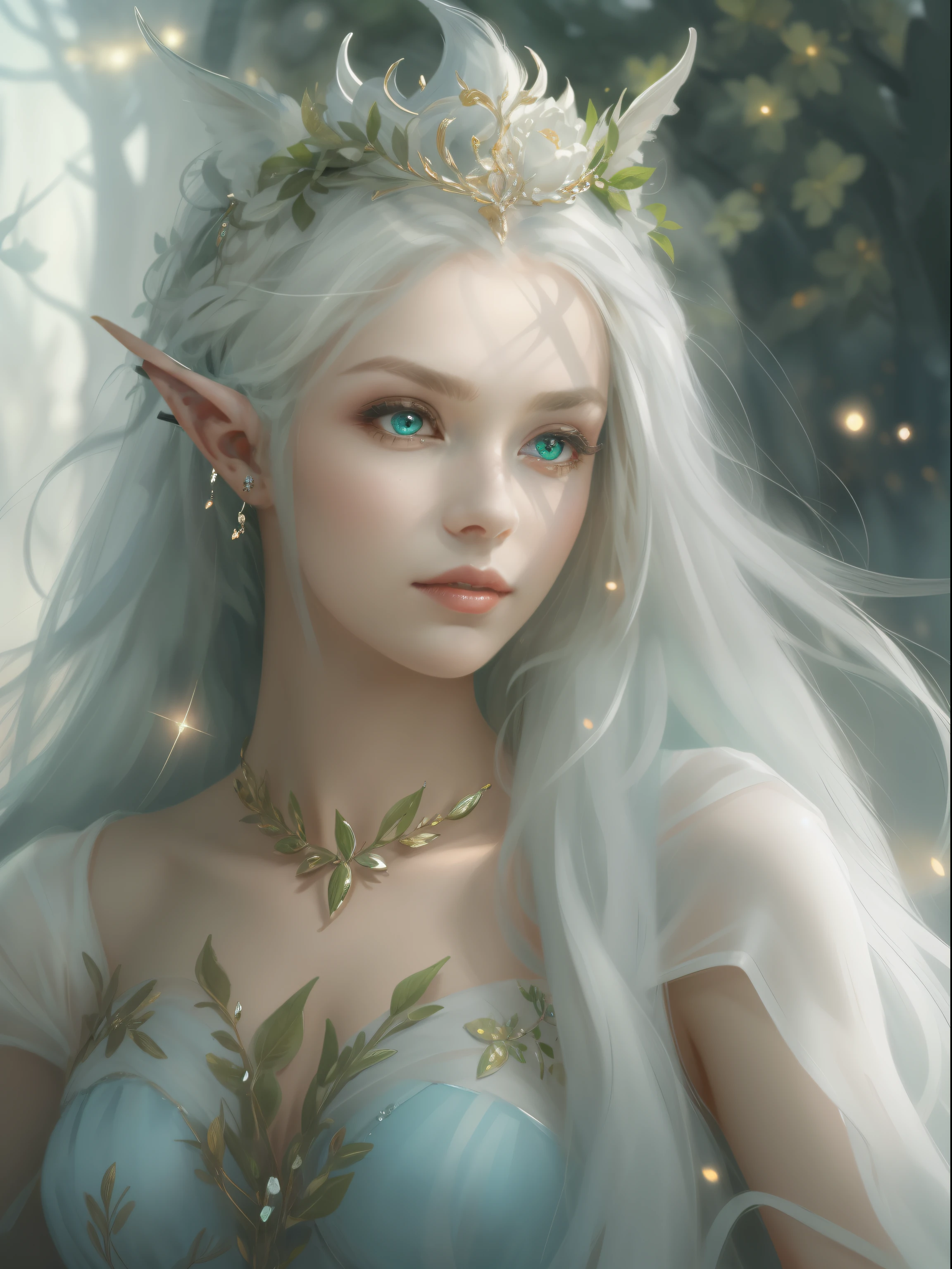 A woman with a crown and a TIA on her head, beautiful and elegant elf queen, Guviz, Fantasy art style, 8K high quality detailed art, Elf Princess, alluring elf princess knight, digital fantasy art , beautiful elven princess, beautiful and elegant female elf,（Perfect full-body portrait），（WLOP painter style，glitters，Blue sparkling eyeshadow）， (long  white hair，White-colored skin，Elf Girl，The skin is translucent white，sparkle in eyes，The elves were dressed in pure white)，beautiful  face，（Lonely pale face），facing to audience，Particle，Glow，Guviz-style artwork, WLOP Art