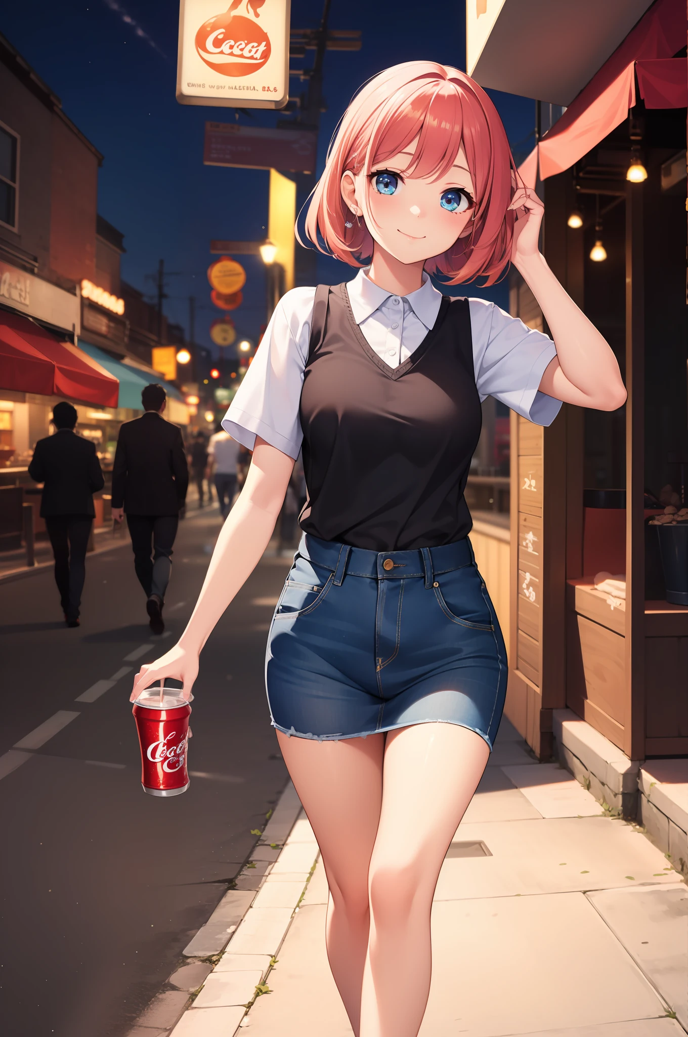 8K，HD，detalle de alta definición，obra maestra，((mejores detalles)),((alta calidad))，SOLO，En la calle de comida por la noche，Una linda con una falda de mezclilla y un chaleco de manga corta，Tomar Coca-Cola mientras se camina