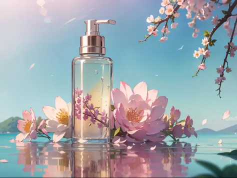 Super realistic scene, makeup bottle, surrounded by pink flowers wrapped around, blue sky background, water, sunlight, low perspective, blender, product rendering, HD 8K。 --v6