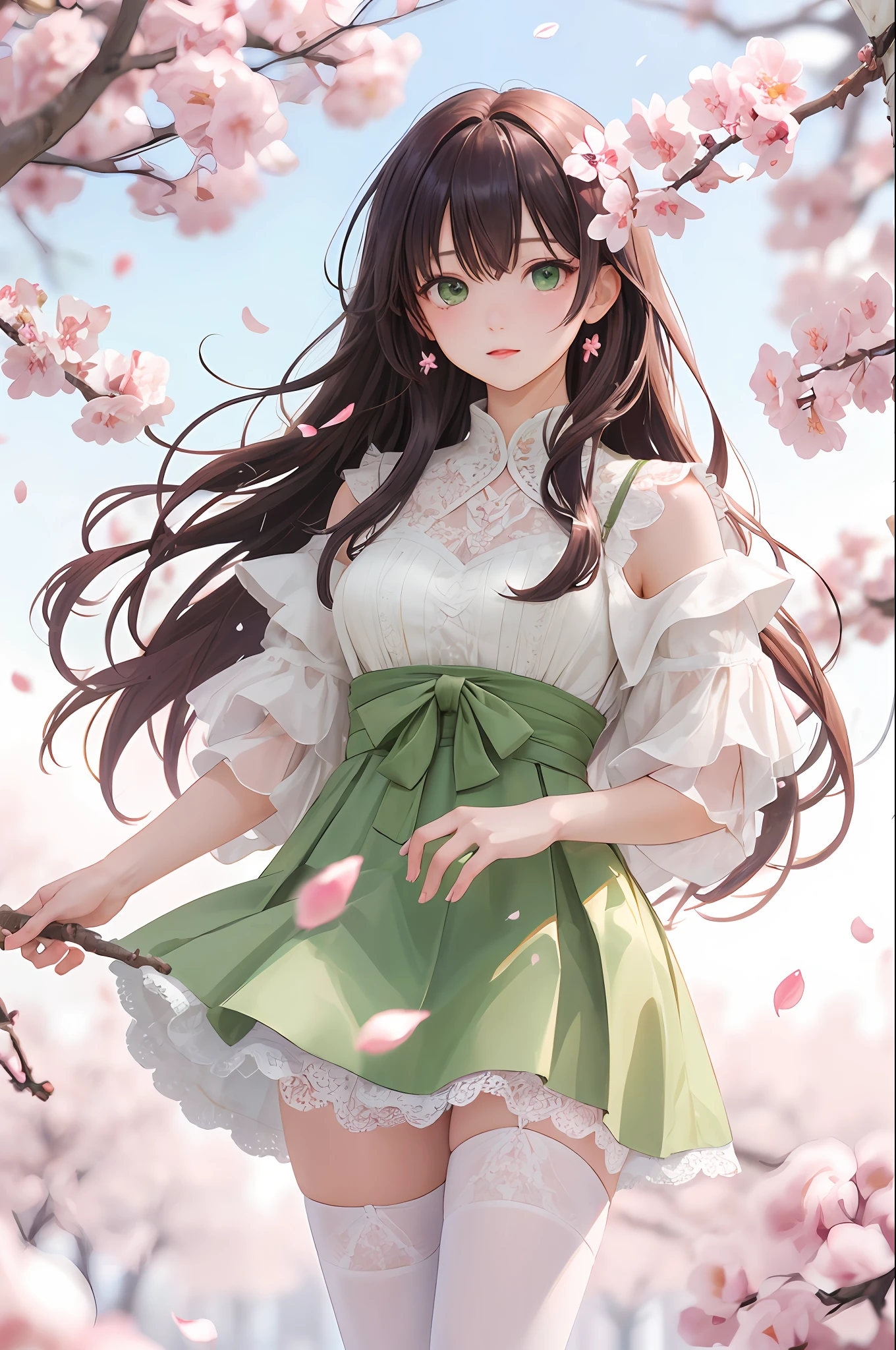 1girl, solo, long hair blown by wind, green eyes, white stocking, lace, look at viewer, luxurious, elegant, extremely detailed, majestic, blurry, blurry background, tree, branch, cherry blossoms, butterfly, flower petals blown by wind, depth of field,