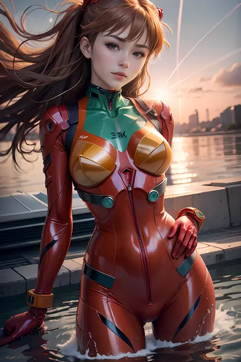 8k photo, Super realistic, Beautiful features, Double eyelids,17 age、((Asuka Langley's hairstyle in Evangelion the Movie))、（1.5)Woman posing in red suit、Drifting Asuka Langley(1girl in:1.2)，Close-up of full body Zenkai！Asuka's suit、Asuka Langley、Asuka Lang...
