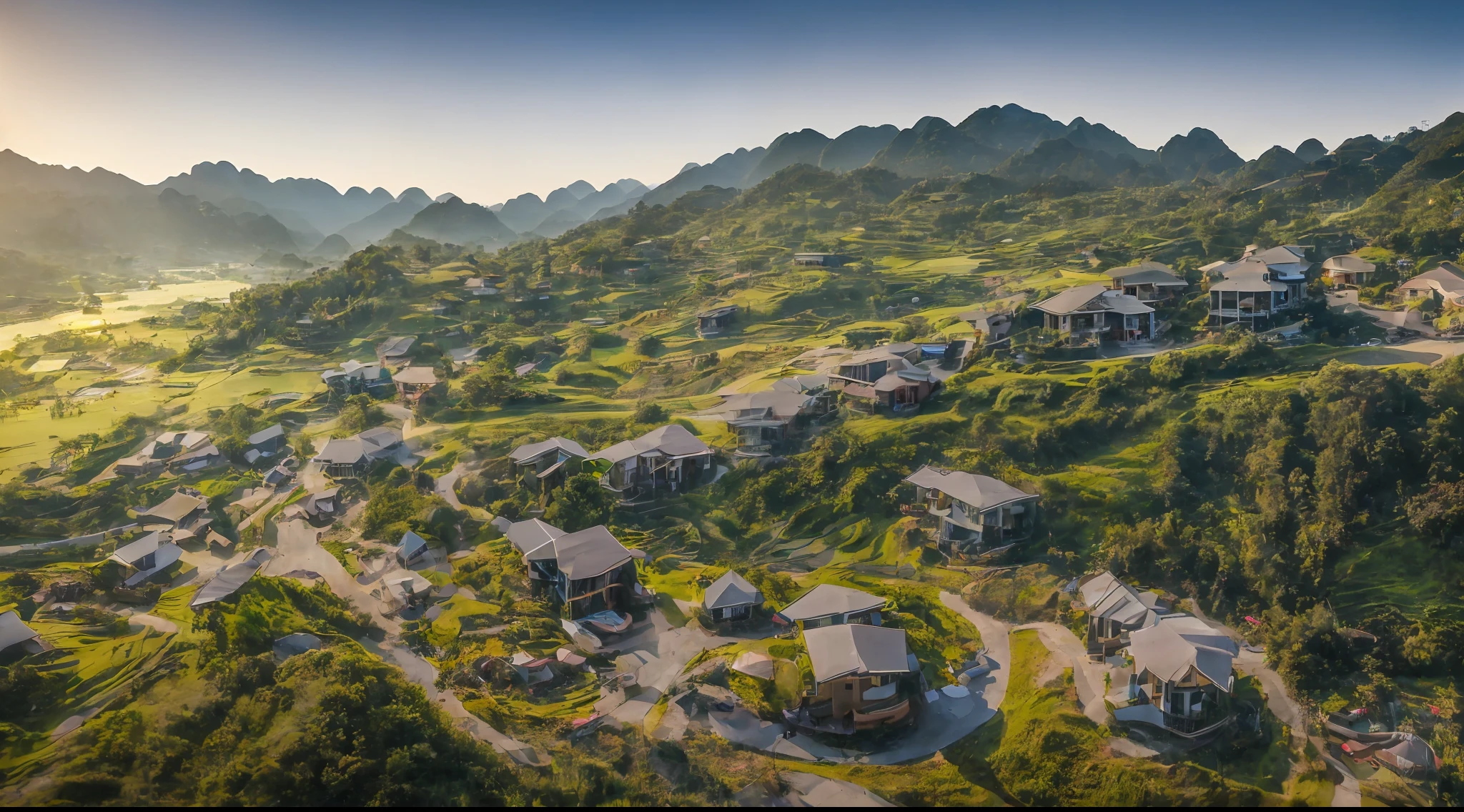 Mountain resort in Ha Giang, 
minimalist style architectural villas with lots of glass and wood, flat roofs, hight detail,  the view of the sunrise,:: photorealistic::1 sunlight::1 DSLR::1 ,v4, 8k