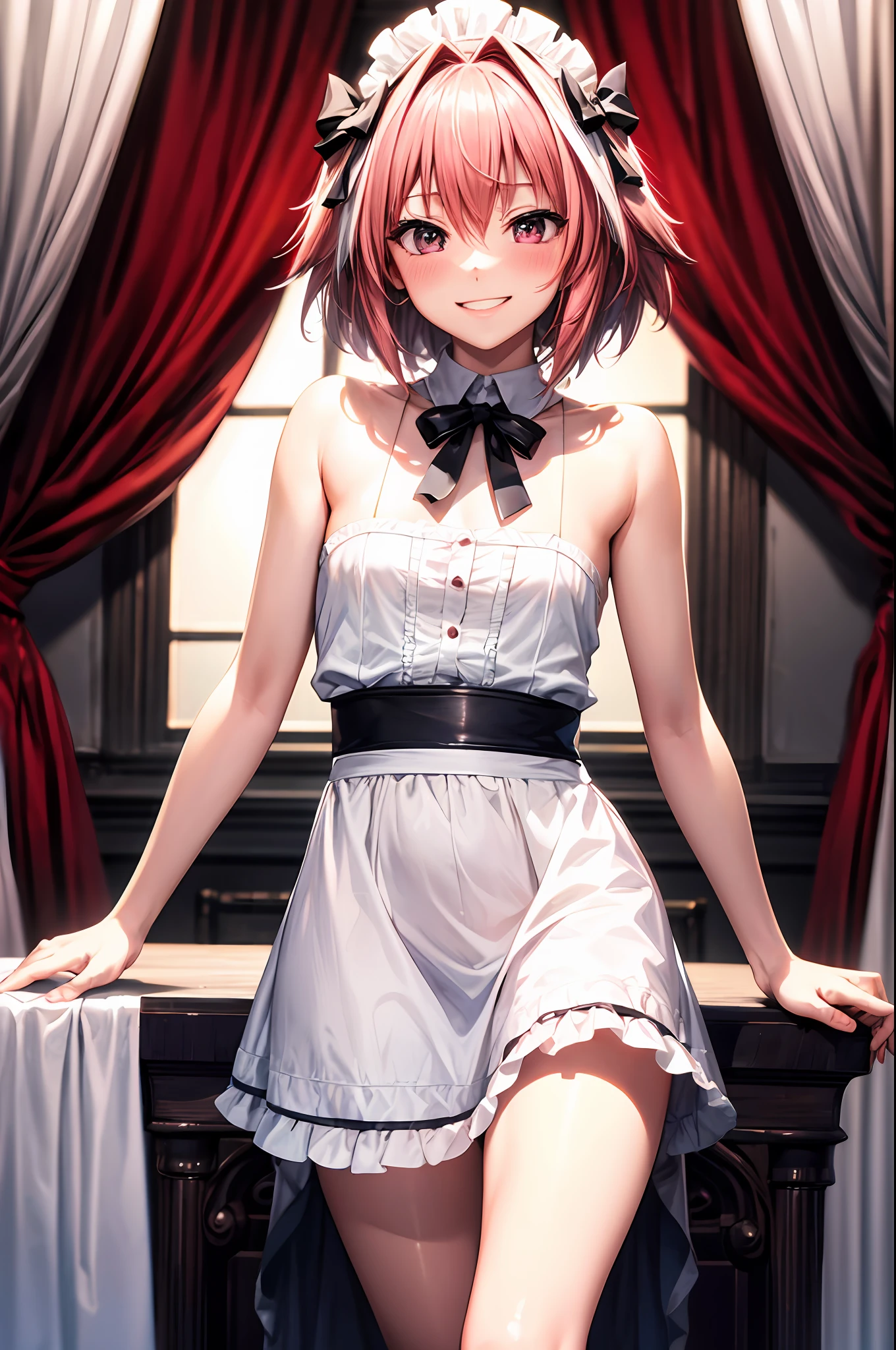 (masterpiece), (best quality), (ultra high res), perfect feminine face, astolfo, fate, flat chested, wearing maid outfit, cute, adorable, gently smile, blushing