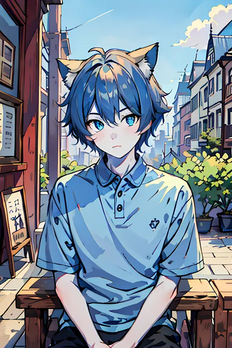 sima, blue skin color, cat ears, boy, man, sitting, shushing, city,
(masterpiece,detailed,highres),