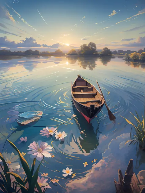 A painting of a boat with flowers floating in the lake, beautiful detailed scene, Detailed painting 4 K, A beautiful artwork illustration, serene illustration, Detailed scenery —width 672, beautiful digital painting, Beautiful art UHD 4 K, highly detailed ...