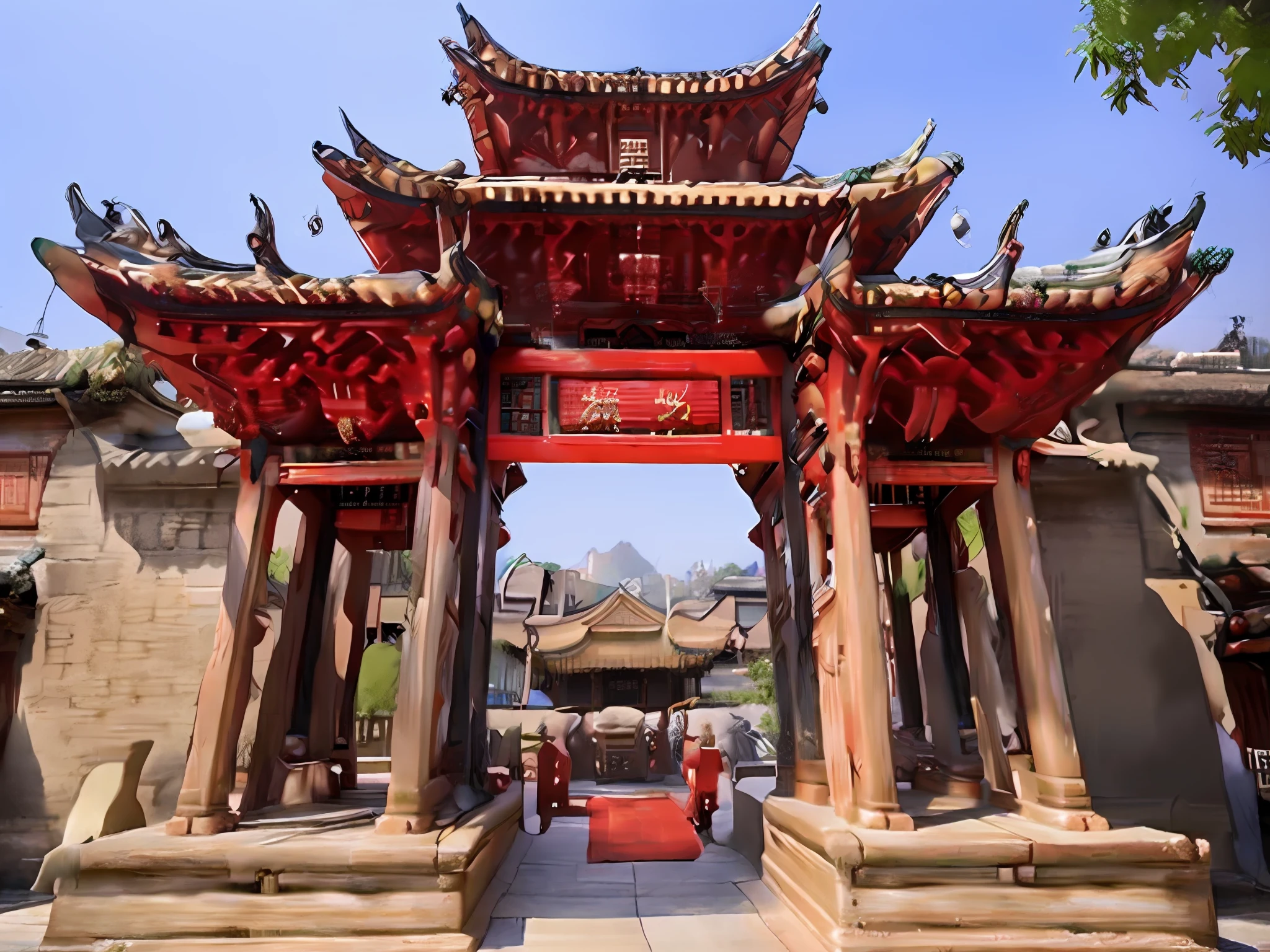 Red roof and big red door with red roof, Taoist temples and monks, the taoist temples of huangshan, Ancient Chinese architecture, Chinese architecture, Tang Dynasty Palace, chinese temple, Chinese traditional, Chinese tradition, guangjian, Chinese palaces, Beautiful image, large shot, hou china, nanquan, zhouzhuang ancient town, Chinese style