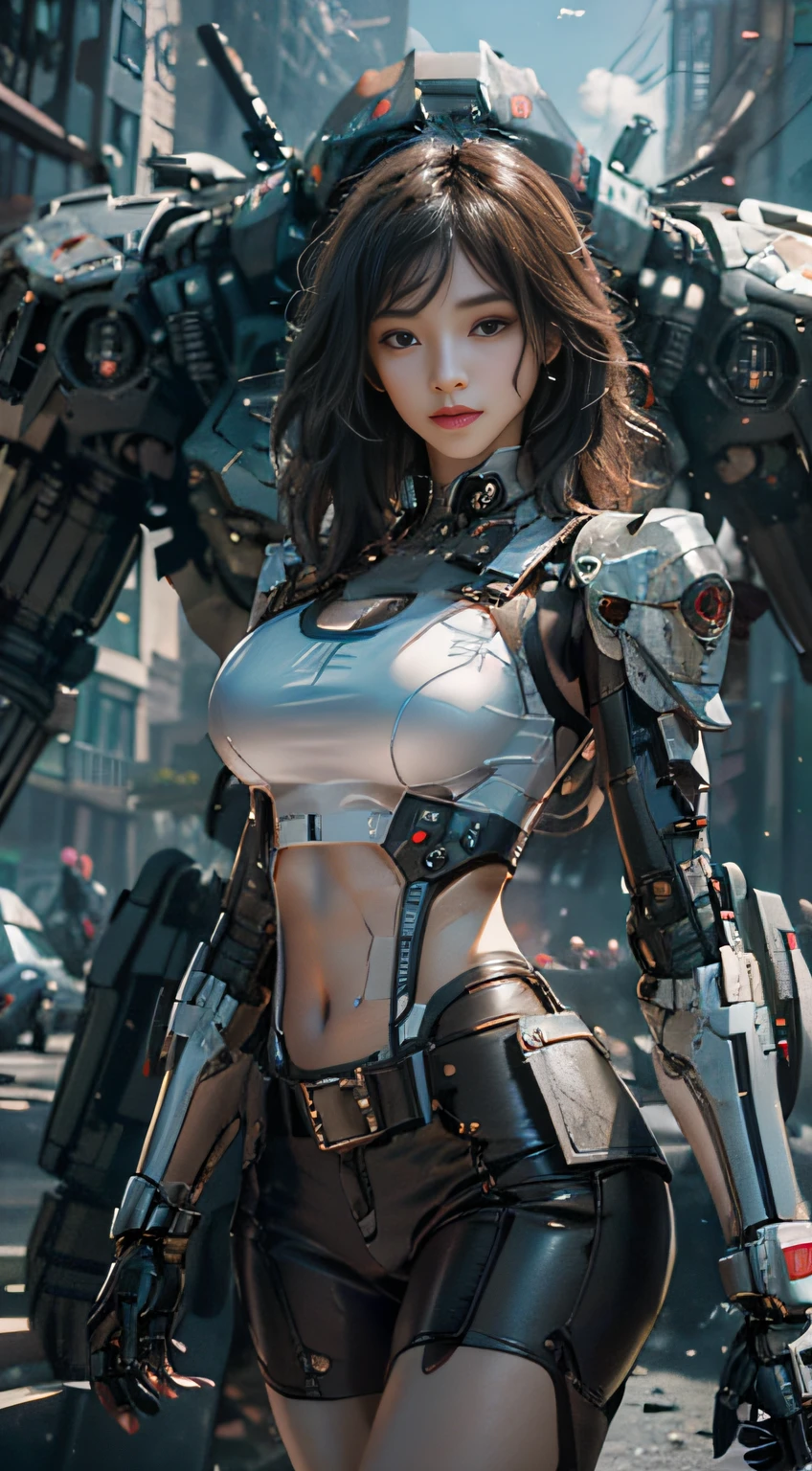 （（best qualtiy））， （（tmasterpiece））， （The is very detailed：1.3）， 3D， Shitu-mecha， Beautiful cyberpunk woman with her pink mech in the ruins of the city of Forgotten War， The navel and arms are exposed，Ancient Techniques， HDR（HighDynamicRange）， Ray traching， NVIDIA RTX， Hyper-Resolution， Unreal 5， sub surface scattering， PBR Texture， post-proces， Anisotropic filtering， depth of fields， Maximum clarity and sharpness， Many-Layer Textures， Albedo e mapas Speculares， Surface Coloring，Accurately simulate light-material interactions，perfectly proportions，rendering by octane，twotonelighting，Low ISO，White balance，trichotomy，Wide aperture，8K RAW，High-Efficiency Sub-Pixel，sub-pixel convolution，Luminous Particle，Light scattering，Tyndall effect（full bodyesbian）， （exquisitefacialfeatures）， （s the perfect face）， dynamic angle。