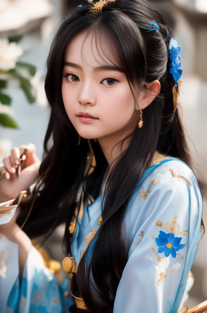 alafed asian woman，Long black hair and blue dress, Guviz-style artwork, Palace ， A girl in Hanfu, Guviz, Realistic. Cheng Yi, au...