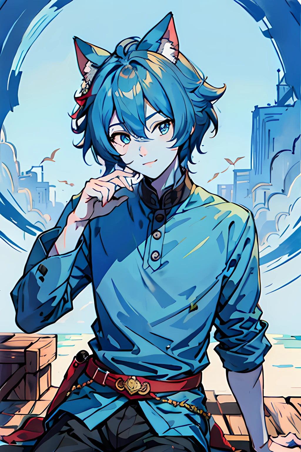 Sima， Blue-skinned ears， Libido boy， mtu， sitted， shush， 城市， （tmasterpiece，A detailed，A high resolution），