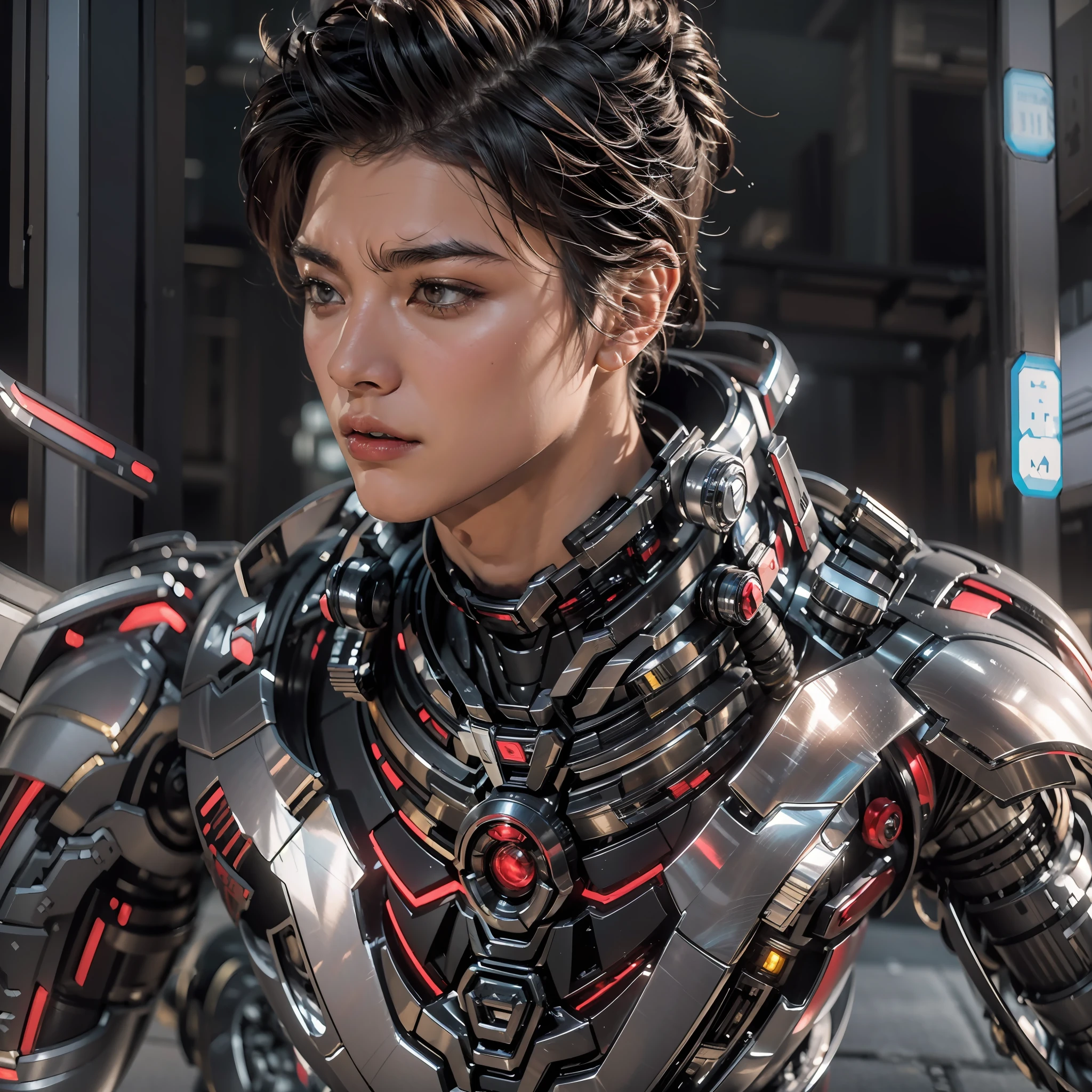 1boy ，Perfect facial features，Handsome face，Put on a metal mech in Spider-Man-style，Machinary，Mecha，Photorealsitic，metalictexture，Metal armor，eyes looking at the lens，best qualtiy，C4D Rendering，rendering by octane，Cinematic quality，tmasterpiece，16K