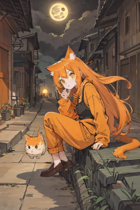 cat,orange,cute,big eyes,masterpiece,full moon,alley