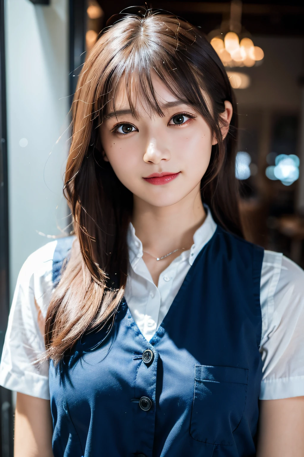 (((Medium hair))), Top Quality, 8K, HDR, Hi-Res, Absurdity: 1.2, Photography, (RAW Photos: 1.2), (Photorealistic: 1.4), (Masterpiece: 1.3), (Complex Details: 1.2), 1 Girl, Solo, Japan girls, Delicate and beautiful details, (Detailed eyes), (Detailed facial features), Petite, (Small breasts))), Toned Skin, ( looking_at_viewer), from_front, (Skinny), (Best Quality: 1.4), (Ultra High Definition: 1.2), Cinemalite, (Extreme Detail Illustration), (Lip Gloss, Best Quality, Ultra High Resolution, Depth of Field, Caustics, Broad Lighting, Natural Shading, 85mm, f / 1.4, ISO 200, 1/160 sec: 0.75), 1 girl, solo, ((blue vest))) smile, uniform, necklace, fashionable café: 1.3, black neat and clean clothes, Nogizaka idol, gravure idol, beauty