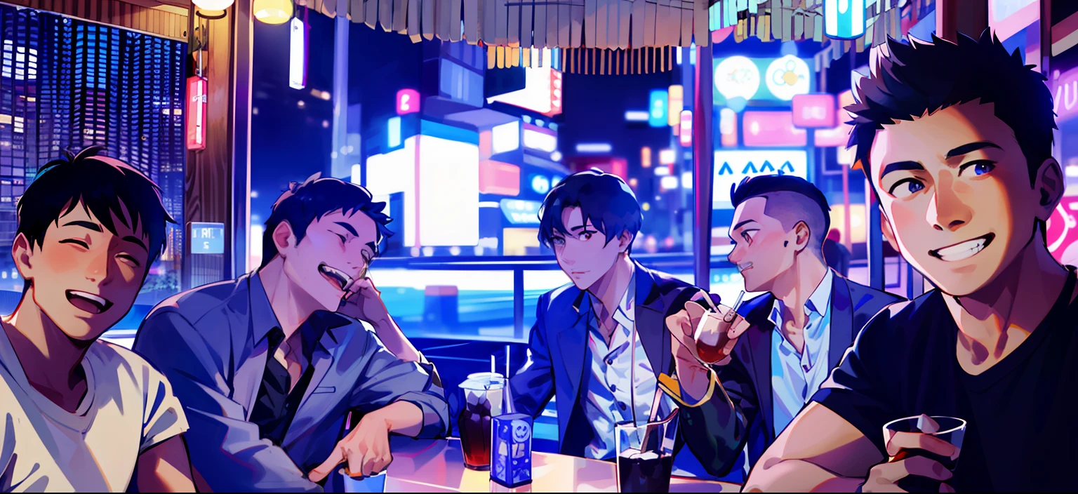 Several men sat at a table，Drinks and drinks in front of you, personal profile picture, profile picture 1024px, profile photo, on rooftop tokyo night, low quality footage, On a summer night, photograph taken in 2 0 2 0, xintong chen, tokyo izakaya scene, taken in the early 2020s, Group photo, screengrab