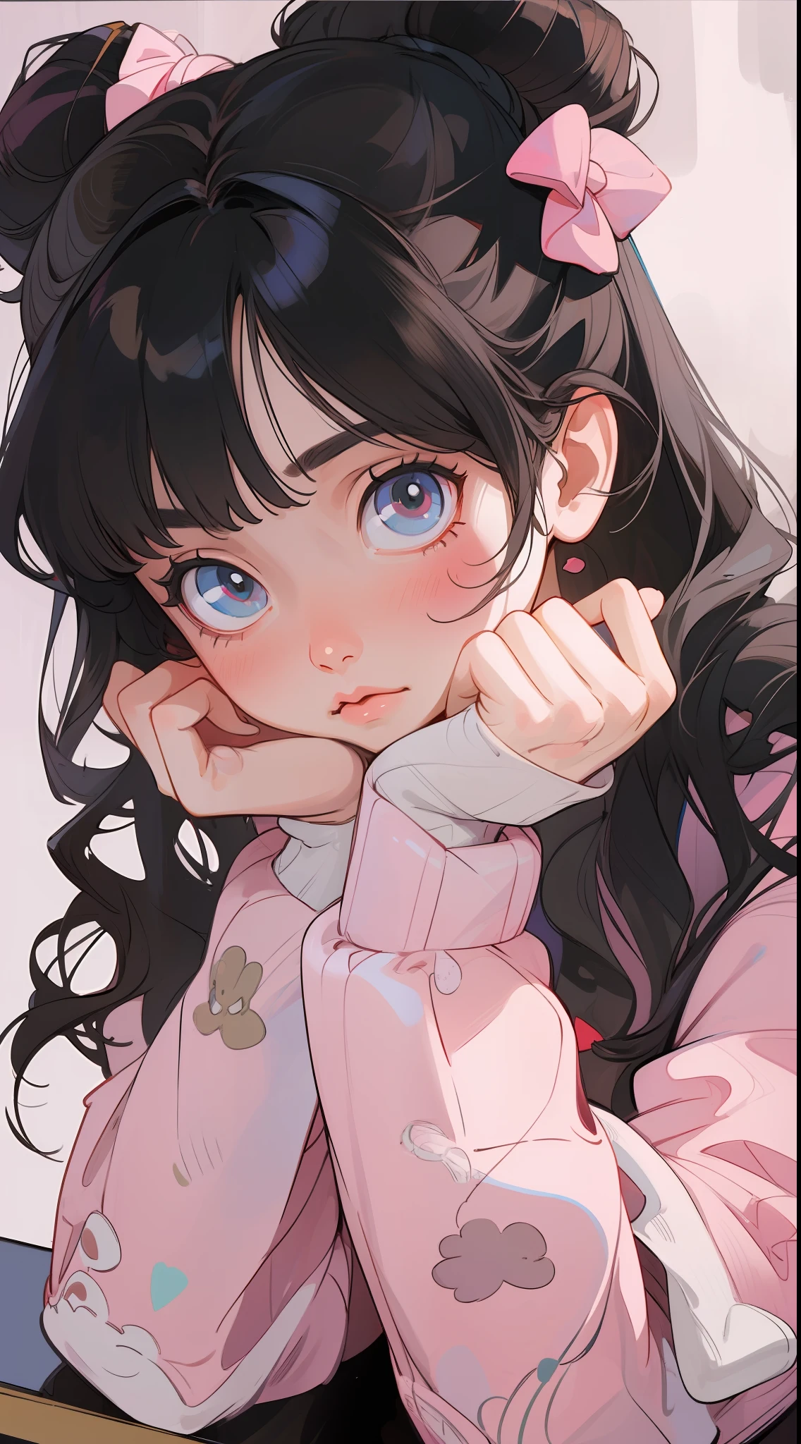 Anime girl with black hair and pink bow sitting at table, kawaii realistic portrait, soft anime illustration, Cute anime girl, digital anime illustration, detailed portrait of an anime girl, artwork in the style of guweiz, anime style portrait, portrait of cute anime girlbabes, portrait of cute anime girlbabes, Beautiful Anime Portrait, Detailed Digital Anime Art, guweiz、Floral jacket