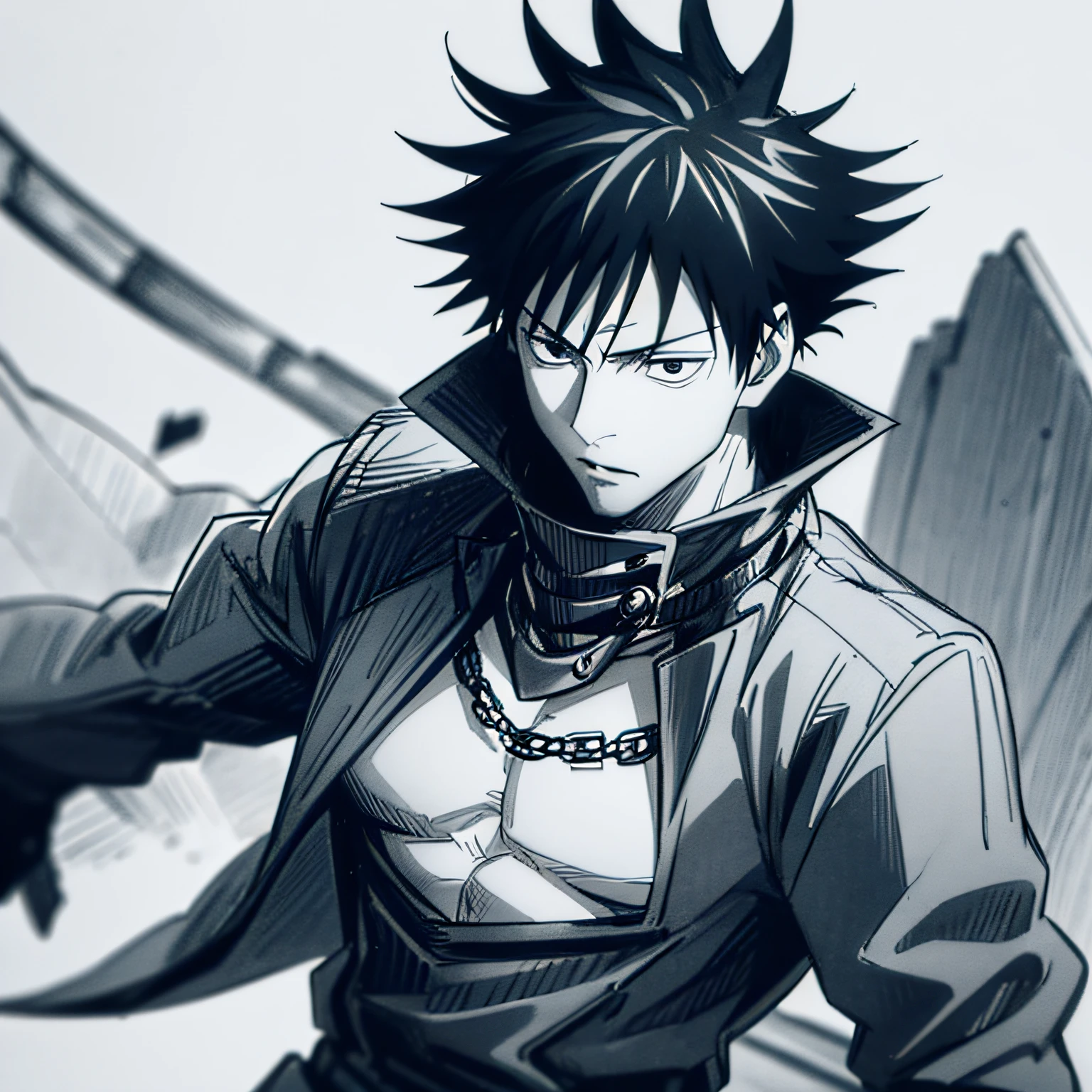 Eine fesselnde monochrome Bleistiftzeichnung, die die entschlossene Megumi Fushiguro aus der Anime- und Manga-Serie Jujutsu Kaisen einfängt, dargestellt in einem detaillierten Porträt, das bis zum Oberkörper reicht. Megumi wird in einem faszinierenden Steampunk-Kleid dargestellt., verziert mit komplizierten Zahnrädern, Ketten, und kunstvolle Muster, die seine starke Präsenz betonen. Die Skizze zeigt die akribischen Details seines Kleides, die fließenden Falten, and the delicate Schattierung that brings depth to his form. Die Zeichnung wird in 4K HDR gerendert, für beeindruckende visuelle Klarheit und Kontrast. Der Hintergrund ist minimal gehalten, lenkt die Aufmerksamkeit auf Megumis fesselnde Präsenz und die komplizierte Steampunk-Ästhetik seiner Kleidung. Stil: Detaillierte Bleistiftzeichnung mit Fokus auf präzise Linienführung, Schattierung, und Textur, die Essenz von Megumis Steampunk-Kleid einfangen. Ausführung: Erstellt mit hochwertigen Bleistiften auf feinkörnigem Papier, employing various Schattierung techniques to achieve a highly realistic und Texturd portrayal. --mit 1:1 -- in 5