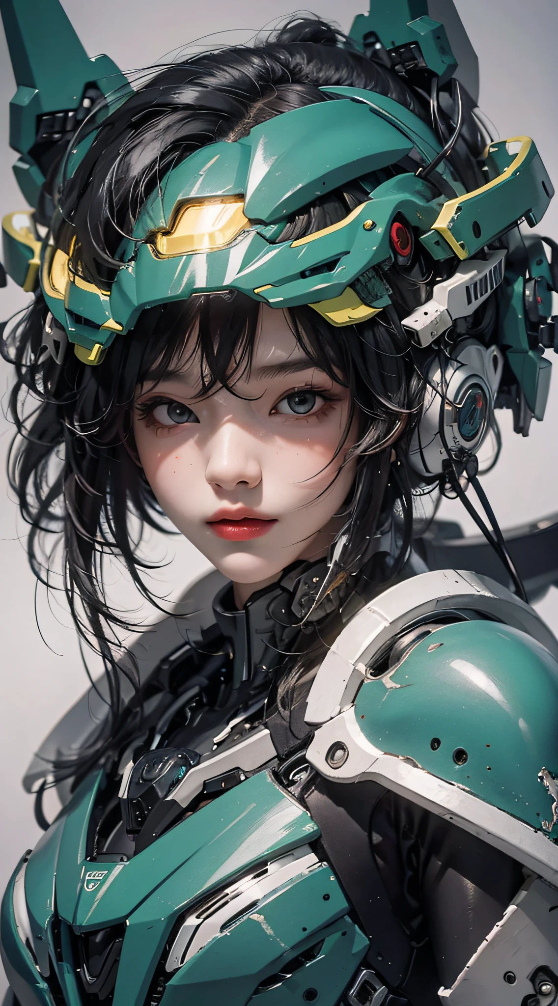 Highest image quality, outstanding details, ultra-high resolution, (realism: 1.4), the best illustration, favor details, highly condensed 1girl, with a delicate and beautiful face, dressed in a black and green mecha, wearing a mecha helmet, holding a directional controller, riding on a motorcycle, the background is a high-tech lighting scene of the future city.