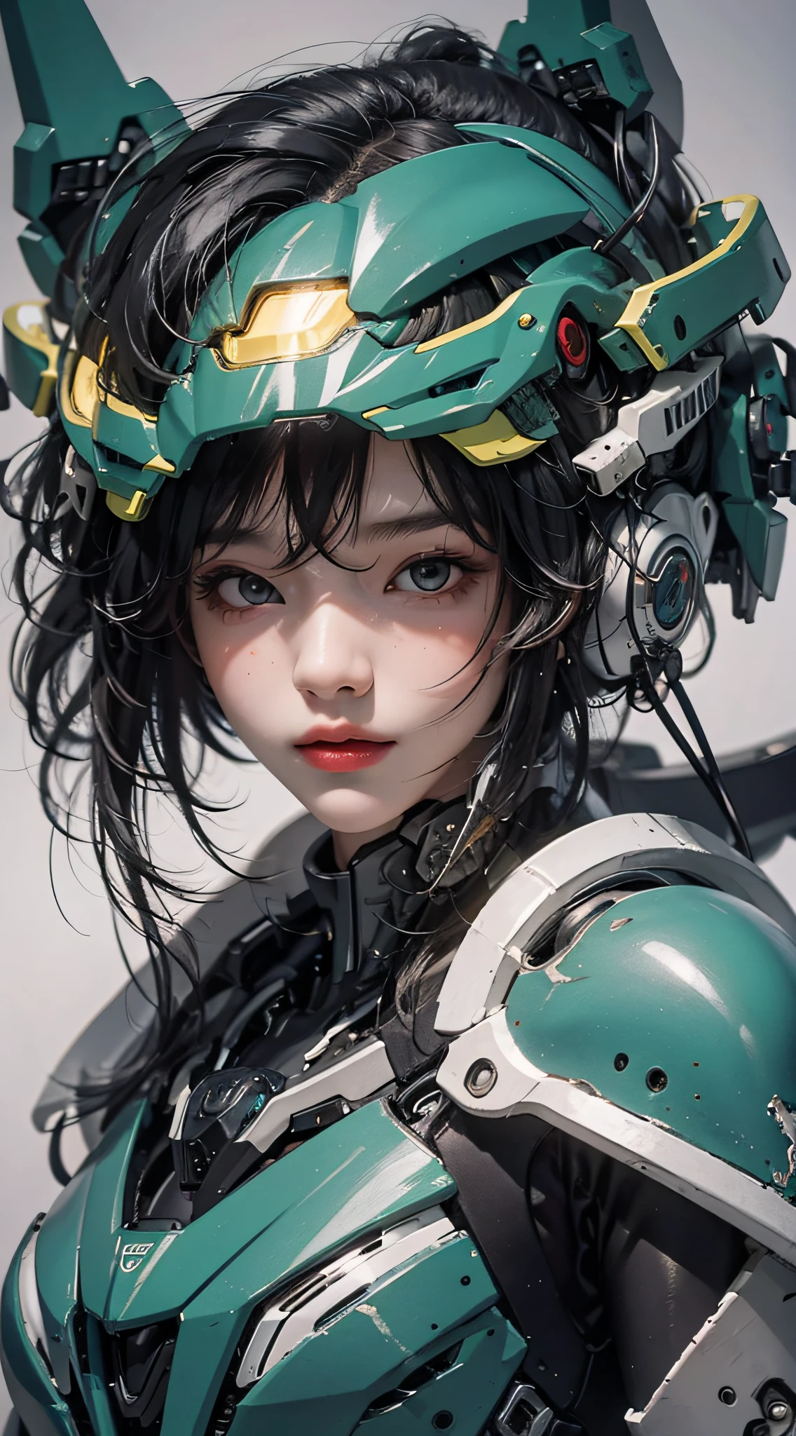 Qualité d&#39;image la plus élevée, Détails exceptionnels, Ultra haute résolution, (le réalisme: 1.4), La meilleure illustration, détails de faveur, 1girl très condensée, avec un visage délicat et beau, vêtu d&#39;un mecha noir et vert, porter un casque mecha, tenir un contrôleur directionnel, Rouler sur une moto, l&#39;arrière-plan est une scène d&#39;éclairage high-tech de la future ville.