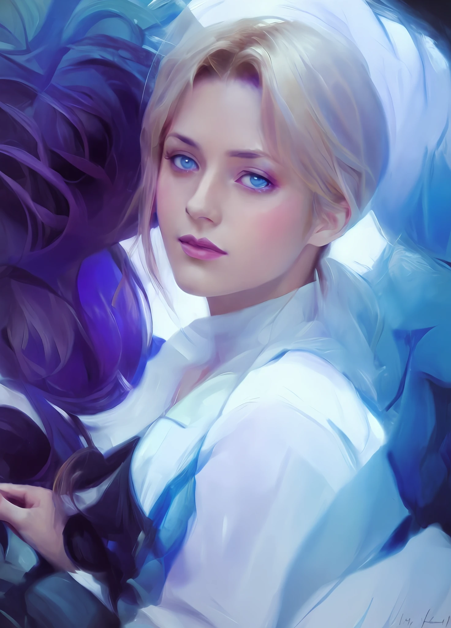 big , Portrait Of Girl, Gorgeous oil painting, blue eyes, Beautiful oil painting, Borovikovsky painting, Purple Clematis, Beautiful anime portrait, art ,, Realistic art, realistic style , In Art, Elegant digital live computer graphics