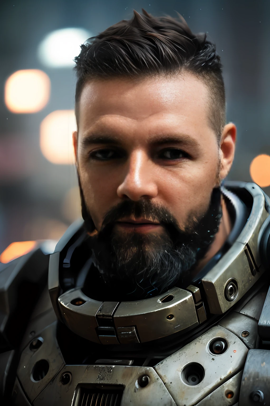 Portrait photo of muscular bearded guy in a worn mech suit, ((light bokeh)), intricate, (steel metal [rust]), elegant, sharp focus, photo by greg rutkowski, soft lighting, vibrant colors, masterpiece, ((streets)), detailed face