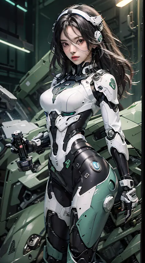 Highest image quality，Outstanding details，超高分辨率，（Fidelity：1.4），The best illustration，Favor the details，Highly cohesive 1girl，He has a delicate and beautiful face，Ultra-delicate face，Dressed in a black-green mech，Hold the direction controller，Ride a mecha m...