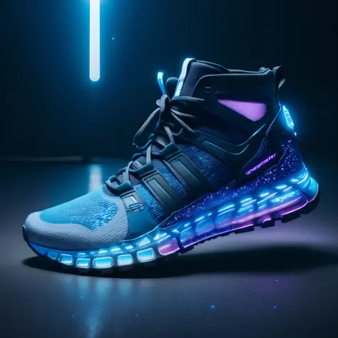 Product photography of cyberpunk sneakers，Epic rendering，octanerender，atmospurate，Particle，Soft volumetric light，（The light from...