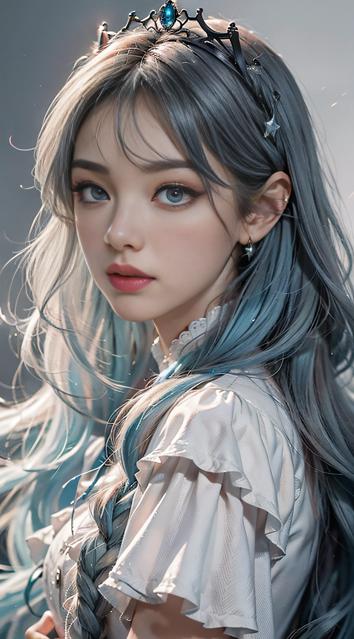 A pretty girl，(Beautiful facial features)，(Solid white background)，Princess dress，A queen，(The inside of the hair is stained haze blue)，long whitr hair，petty face，white color hair，Best Picture Quality，tmasterpiece，Cinematic lighting effects，Fine skin，Star face shape