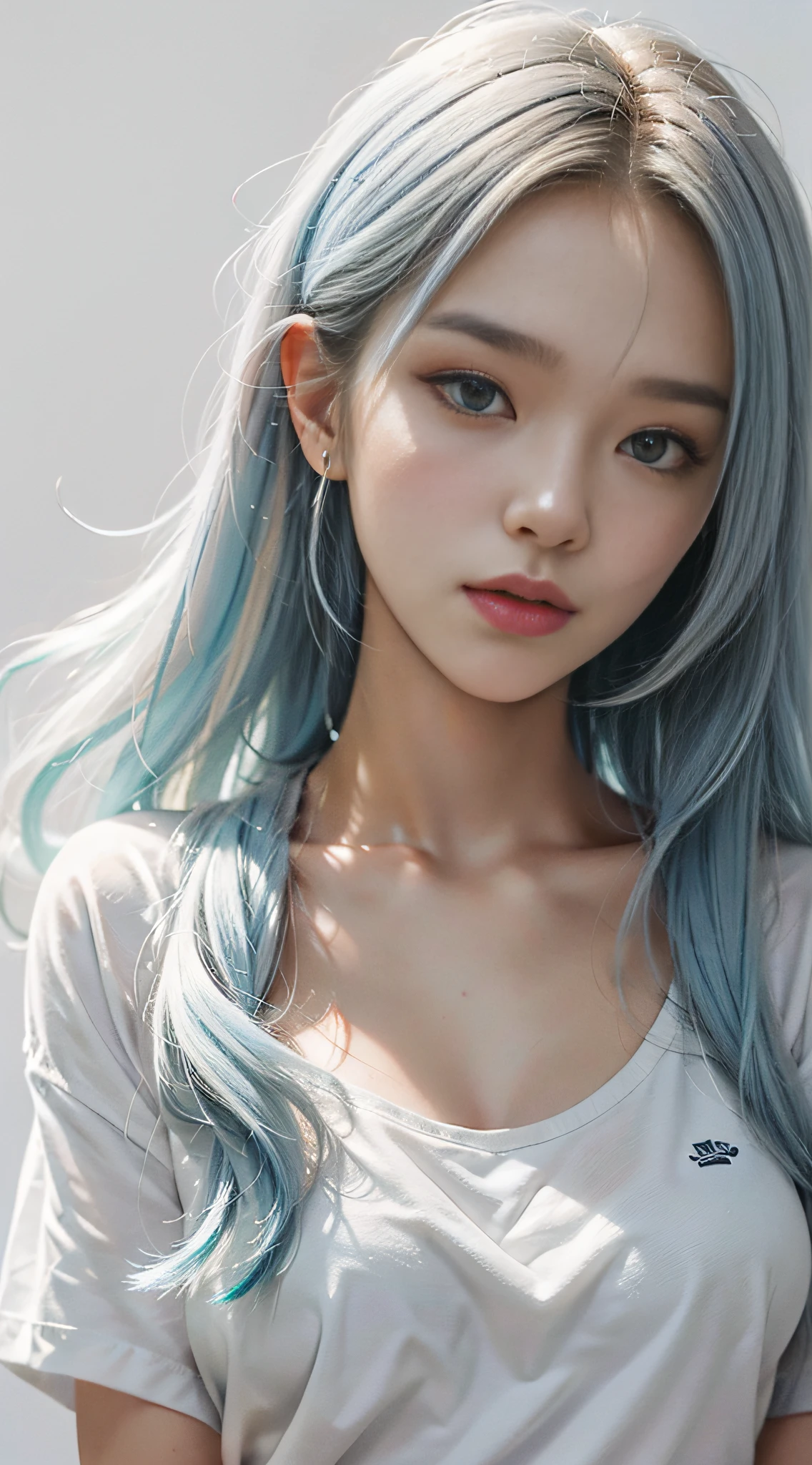 A pretty girl，(Beautiful facial features)，(Solid white background)，Shirt T-shirt，Bottom white zou skirt，(The inside of the hair is stained haze blue)，long whitr hair，petty face，white color hair，Best Picture Quality，tmasterpiece，Cinematic lighting effects，Fine skin