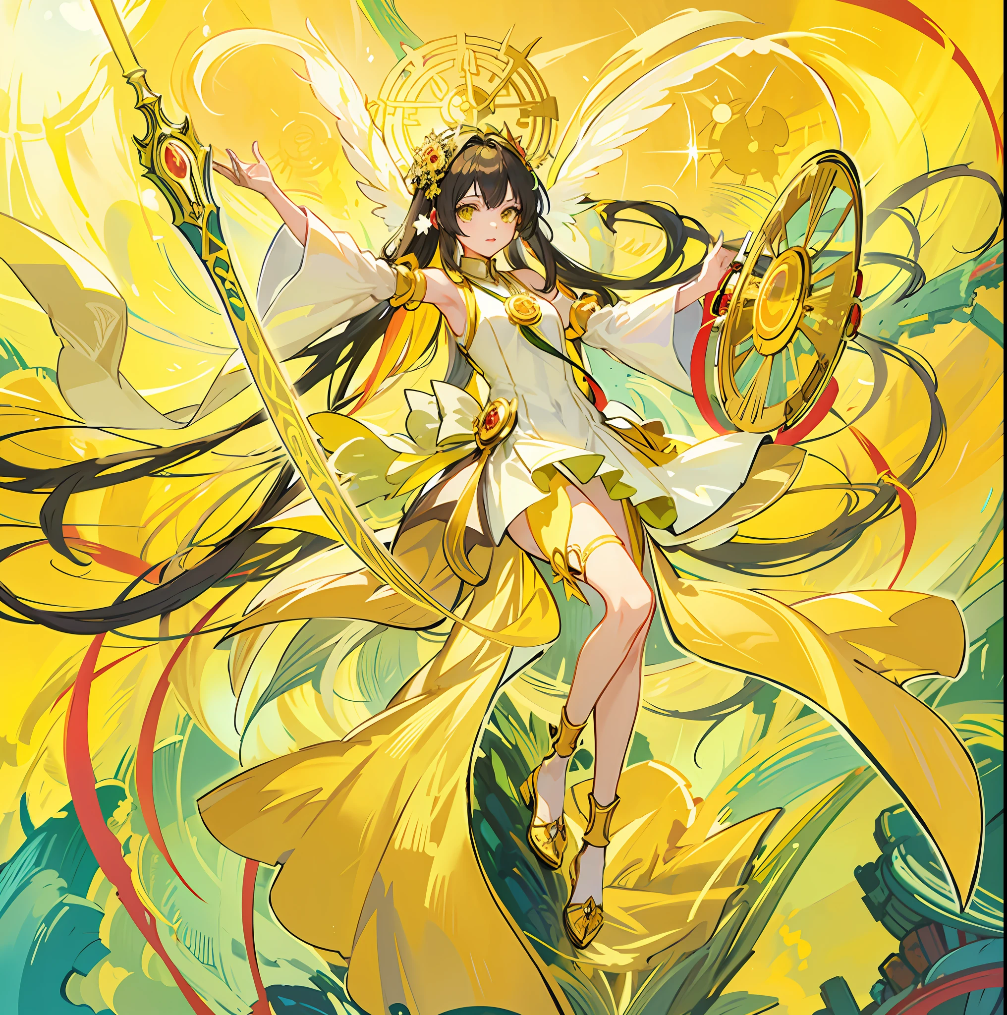 Anime girl with long hair and yellow dress holding tennis racket, Anime goddess, yellow radiant magic, as the goddess of the sun, ((a beautiful fantasy empress)), Official anime artwork, the non-binary deity of spring, yellow aura, Detailed key anime art, heise jinyao, Official artwork, Beautiful young wind spirit, a beautiful fantasy empress