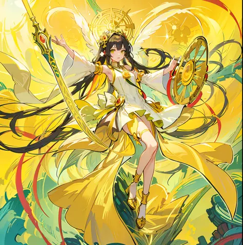 Anime girl with long hair and yellow dress holding tennis racket, Anime goddess, yellow radiant magic, as the goddess of the sun...
