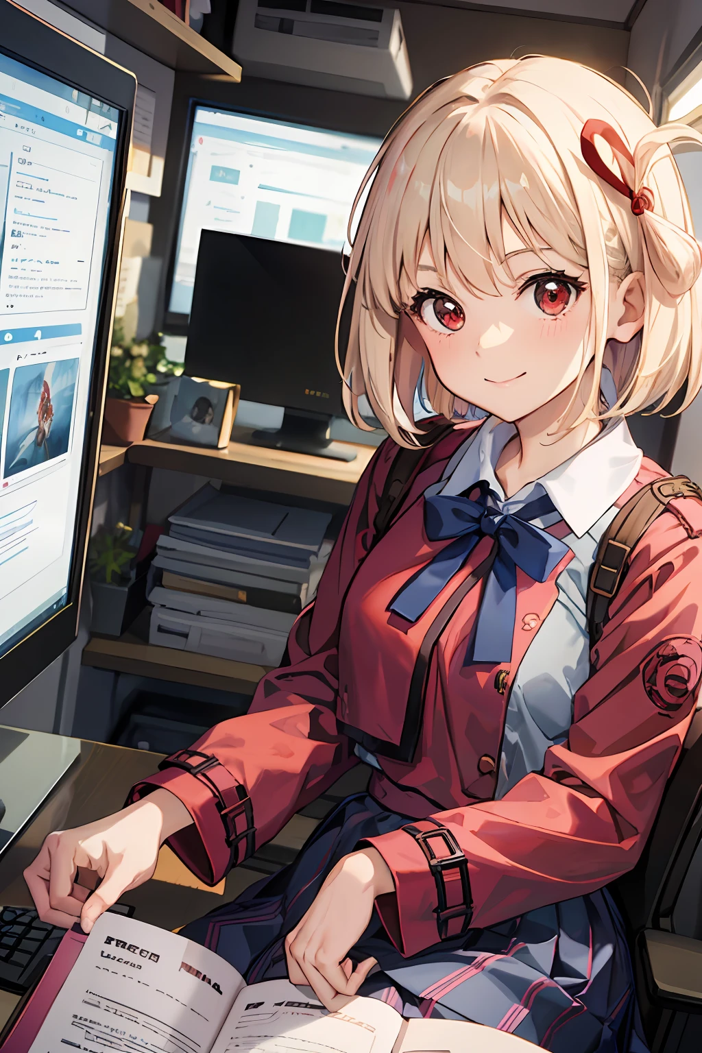 ​masterpiece, top-quality, Chisato Nishikiki、a smile、Platinum Blonde Hair、Anime girl with red eyes,bob cuts,Anime visuals of cute girls,Smooth Anime、an anime girl、hi-school girl、Plaid uniform、long-sleeve, Plaid Dresses、Desktop Wallpapers、