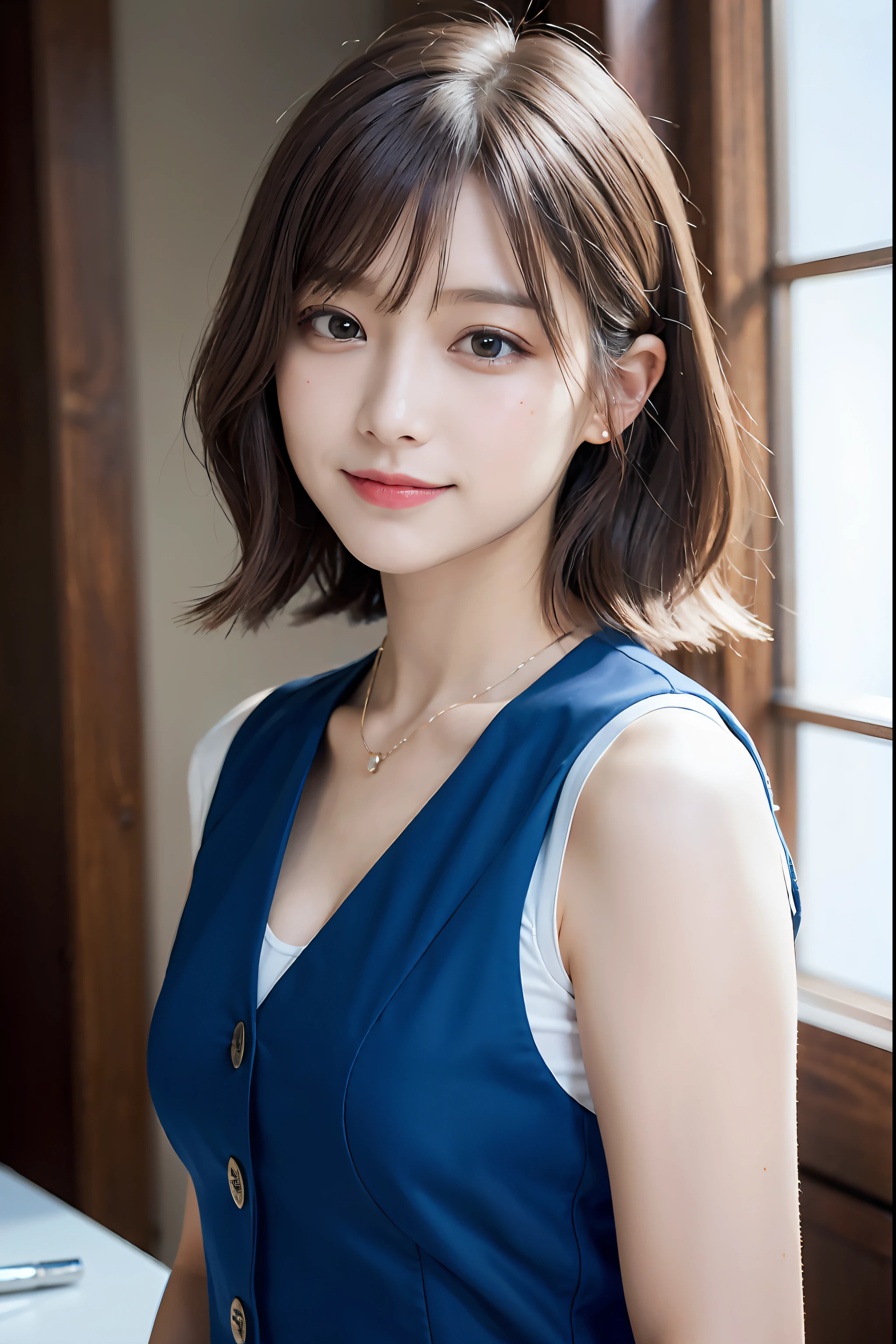 (((Medium hair))), Top Quality, 8K, HDR, Hi-Res, Absurdity: 1.2, Photography, (RAW Photos: 1.2), (Photorealistic: 1.4), (Masterpiece: 1.3), (Complex Details: 1.2), 1 Girl, Solo, Japan girls, Delicate and beautiful details, (Detailed eyes), (Detailed facial features), , (Small breasts))), Toned Skin, ( looking_at_viewer), from_front, (Skinny), (Best Quality: 1.4), (Ultra High Definition: 1.2), Cinemalite, (Extreme Detail Illustration), (Lip Gloss, Best Quality, Ultra High Resolution, Depth of Field, Caustics, Broad Lighting, Natural Shading, 85mm, f / 1.4, ISO 200, 1/160 sec: 0.75), 1 girl, solo, ((blue vest))) smile, uniform, necklace, fashionable café: 1.3, black neat and clean clothes, Nogizaka idol, gravure idol, beauty