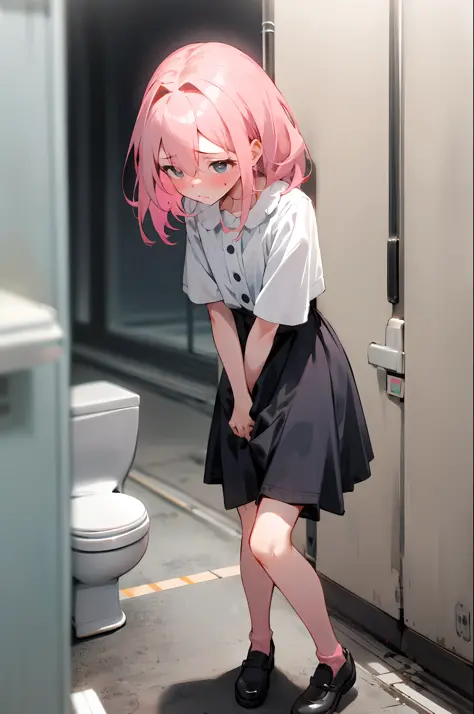 Cute pink hair、One girl in a cute dress、One girl takes to the bathroom、Look away、Standing、embarrassed from、Blushing、Keep your mo...