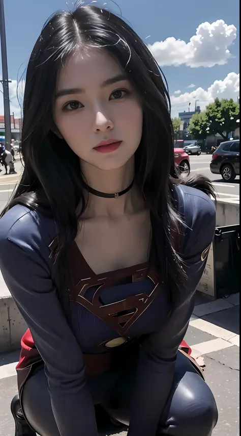 supergirl，black color hair，a asian beauty，detailed depictions of faces，stand in the middle of the city，squat shooting，（three-qua...