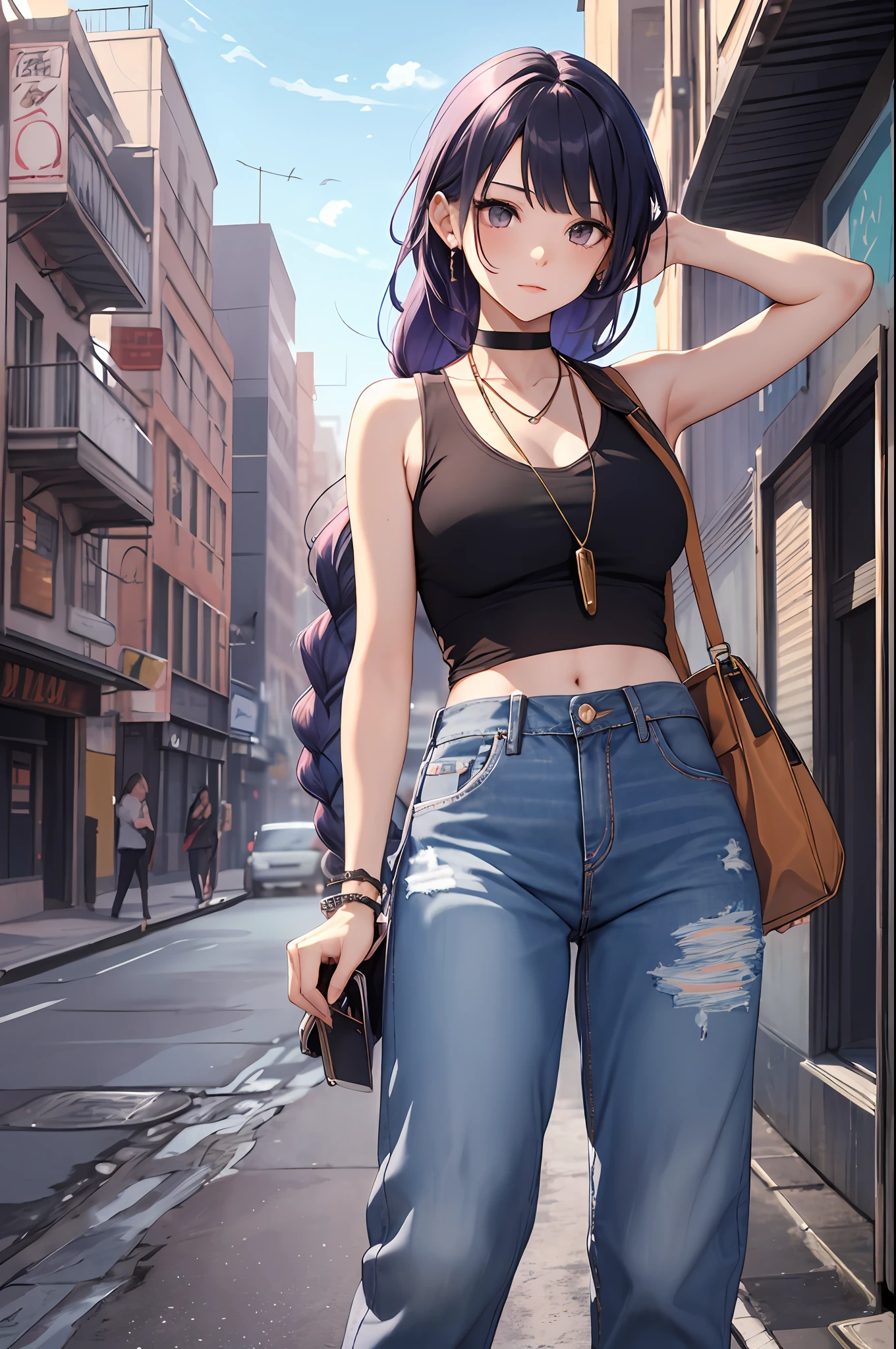 Anime girl in jeans and a black top standing on a city street - SeaArt AI