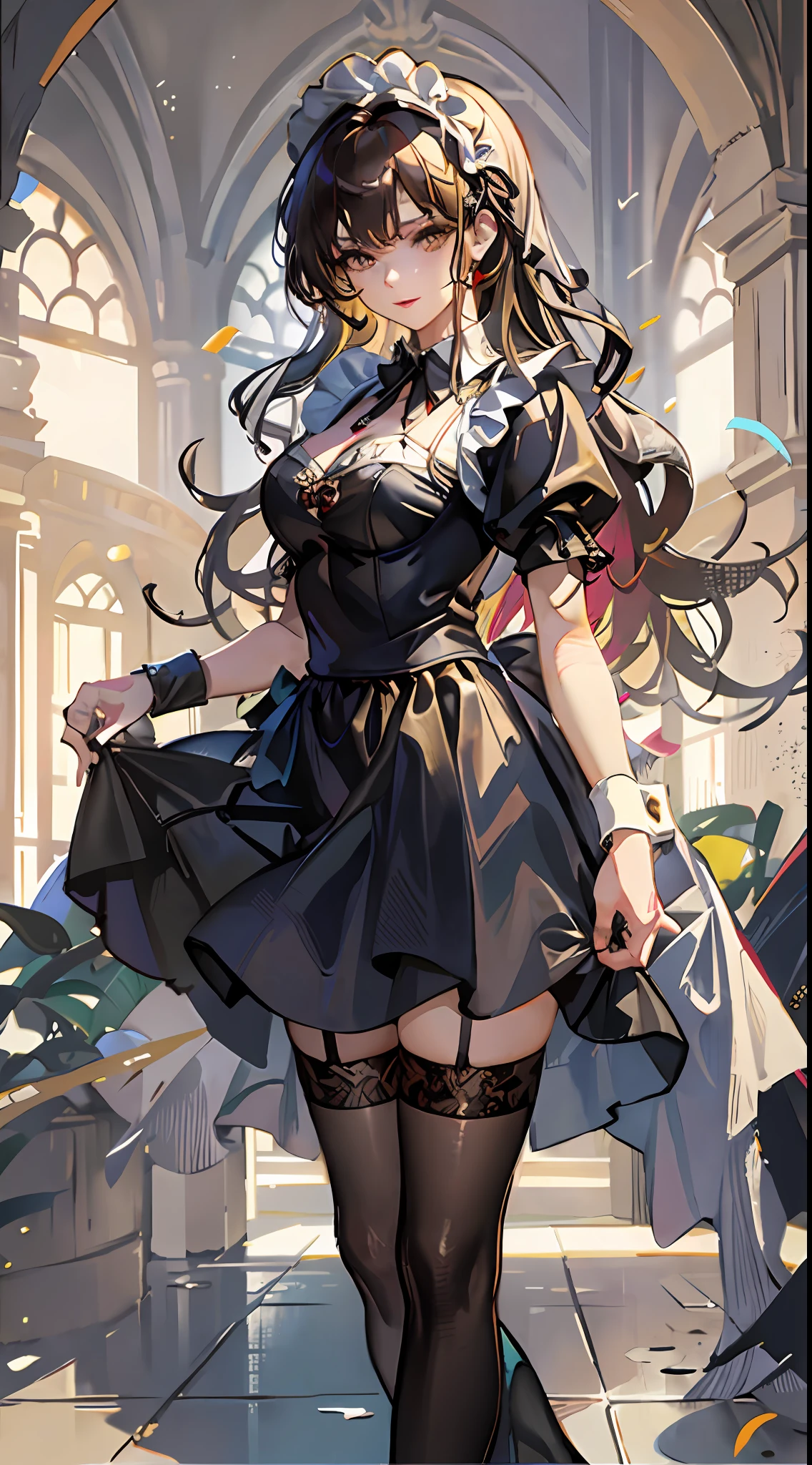 best qualtiy，8k，Best quality，(the detail:1.4),The picture is clear，a close up of a woman in a dress and stockings, anime girl in a maid costume, gorgeous maid, Maid outfit,One poses for a photo in a maid costume，is an anime character who wears a maid costume，Drawn in Artgerm's style，Has long blonde hair，Sexy girl with dark brown hair，the maid outfit，A dress dressed in lace，Walking past you，Luxurious theme，realistic dress，Skin details are highly detailed，Watch machinery，Dirty floor，Beautiful maid，feminine beauty，Stunning character art，Ray traching