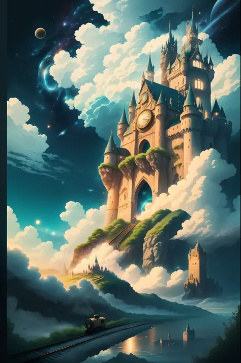 the scene with clouds as a carrier, the castle with the elements  of the universe, the time train, the planet, the illustration ...