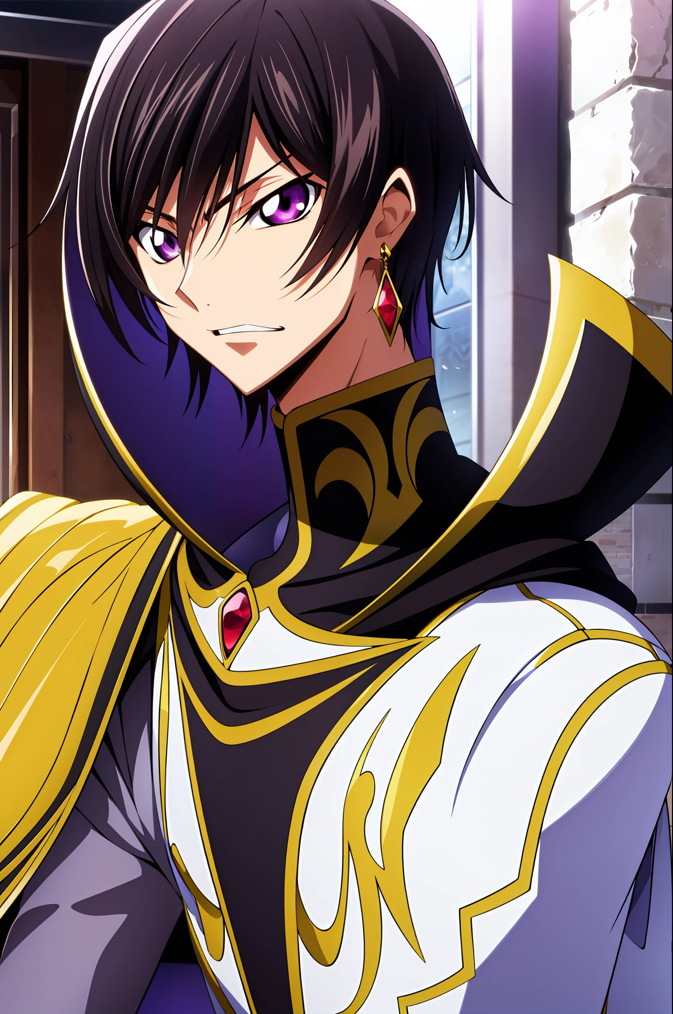 a flower filled room,a building in the background,stone_floor, stone_wall, tile_floor, tile_wall,brick, brick_floor, brick_wall,
sitting on a red couch,purple light shining,
black and yellow outfit,black cape,
lelouch_lamperouge,jewelry,gem,
black_hair,purple_eyes,earrings,short hair, purple light in their eyes ,
1 man, 20yo,male,Beautiful FingerBeautiful body,Beautiful Nose,Beautiful character design, perfect eyes, perfect face,
looking at viewer,angry, 
NSFW,official art,extremely detailed CG unity 8k wallpaper, perfect lighting,Colorful, Bright_Front_face_Lighting,
(masterpiece:1.0),(best_quality:1.0), ultra high res,4K,ultra-detailed,
photography, 8K, HDR, highres, absurdres:1.2, Kodak portra 400, film grain, blurry background, bokeh:1.2, lens flare, (vibrant_color:1.2)