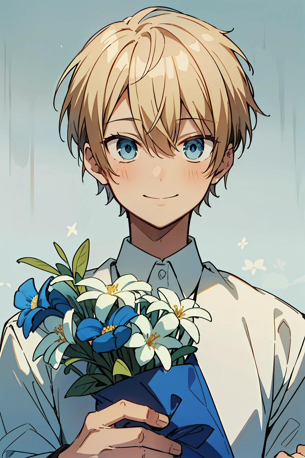 (high-quality, breathtaking),(expressive eyes, perfect face), 1boy, male, solo, short, young boy, blonde hair, blue eyes, smile, white shirt, hold a bouquet