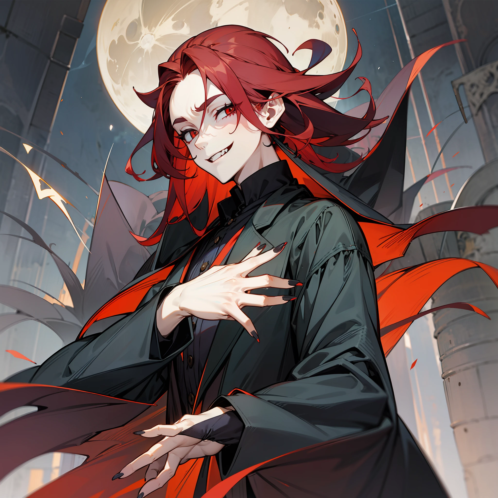 this is what a real vampire should look like! a tall handsome man, with a pleasant narrow pale face, long straight red hair, he smiles widely and fangily, his thin eyebrows are raised, he is wearing a black shirt and a raincoat like a classic Dracula. He pulls his hand wide to the side, inviting a friendly hug, his long fingers spread out, showing a beautiful sharp manicure. On the background - night, darkness and the moon, softly illuminating the vampire from the back