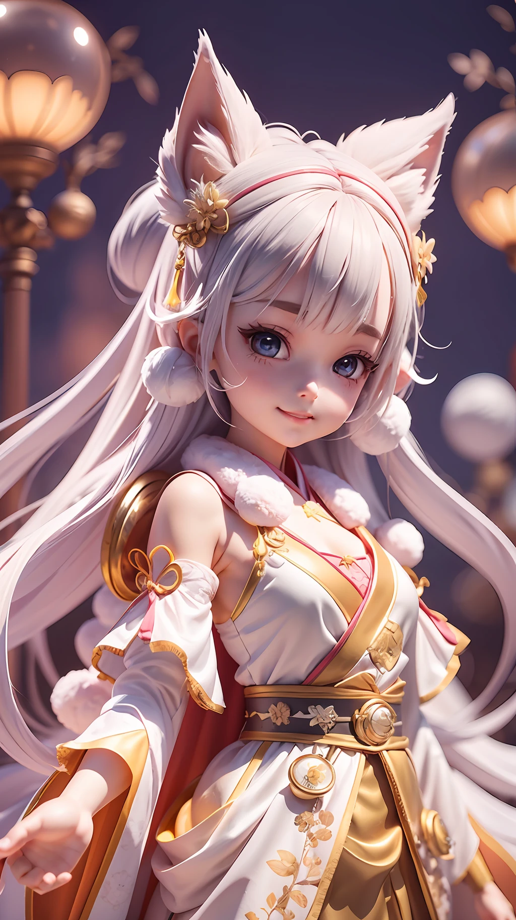 Super cute , wearing gorgeous Hanfu, little vixen, anthropomorphic, bubble mart style, wearing an elegant cape, sweet smile, white fur, bright big eyes and fluffy tail, clouds floating gently, extremely detailed 3D animation, super realistic, super detailed, luxury movie lights, octave light, Octaneendering, zbrush,