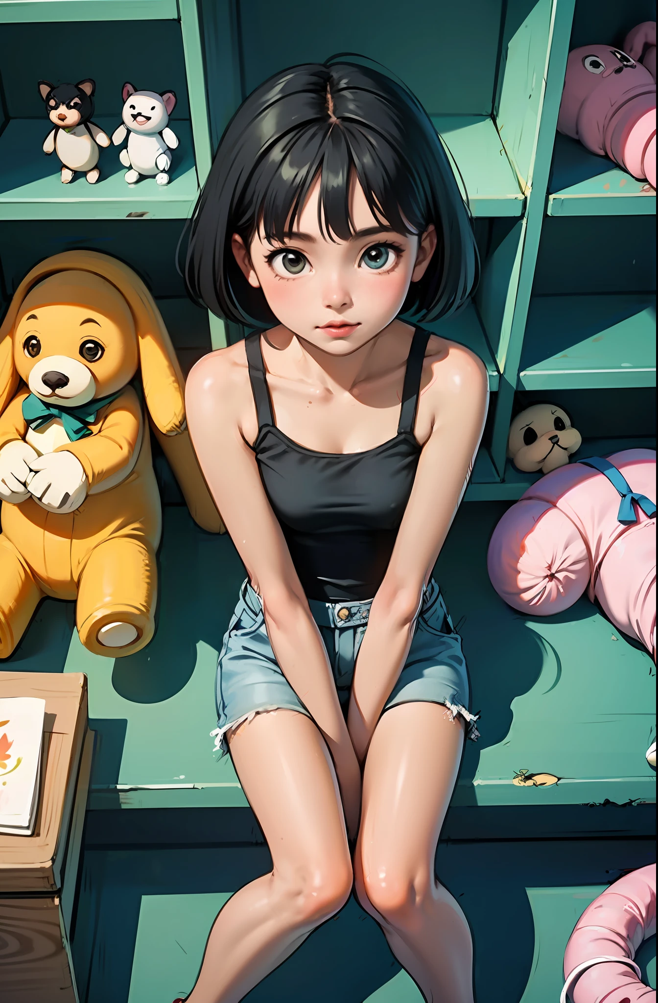 (masterpiece, best quality), (colorful:1.4), from above, solo, Dora the explorer sitting on the ground of a store with lots of stuffed animals on the shelves, depth of field,full head, tank top,cute,hot pants